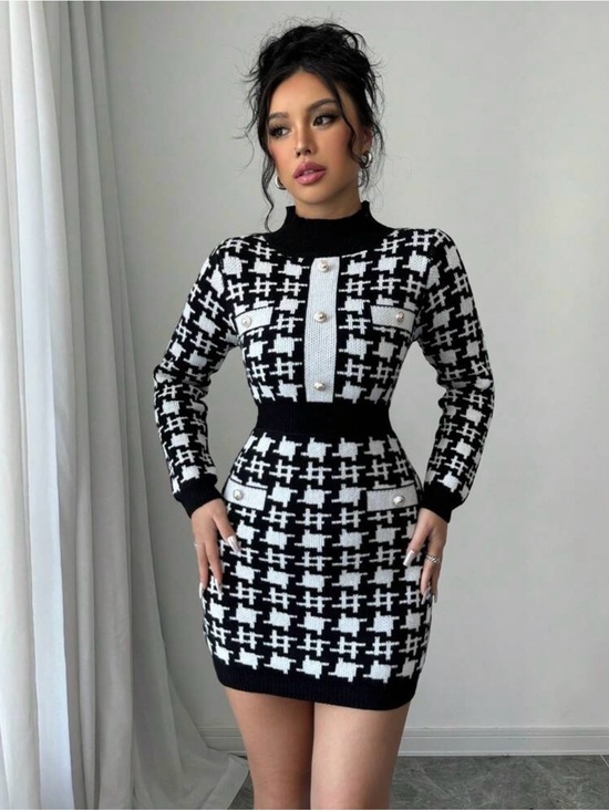 Dresses & Skirts - Black and White Knit Houndstooth Bodycon Dress
